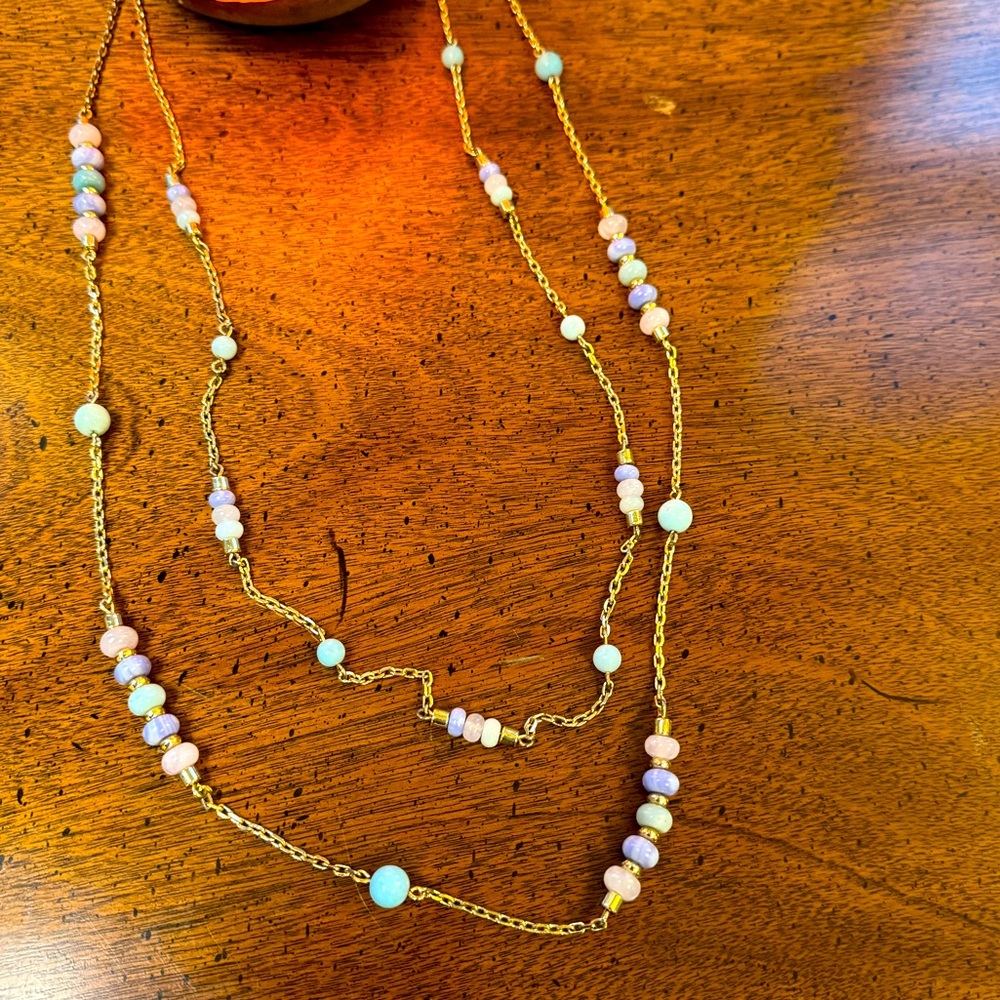 Talbots long double layered gold tone necklace with pastel colored stones